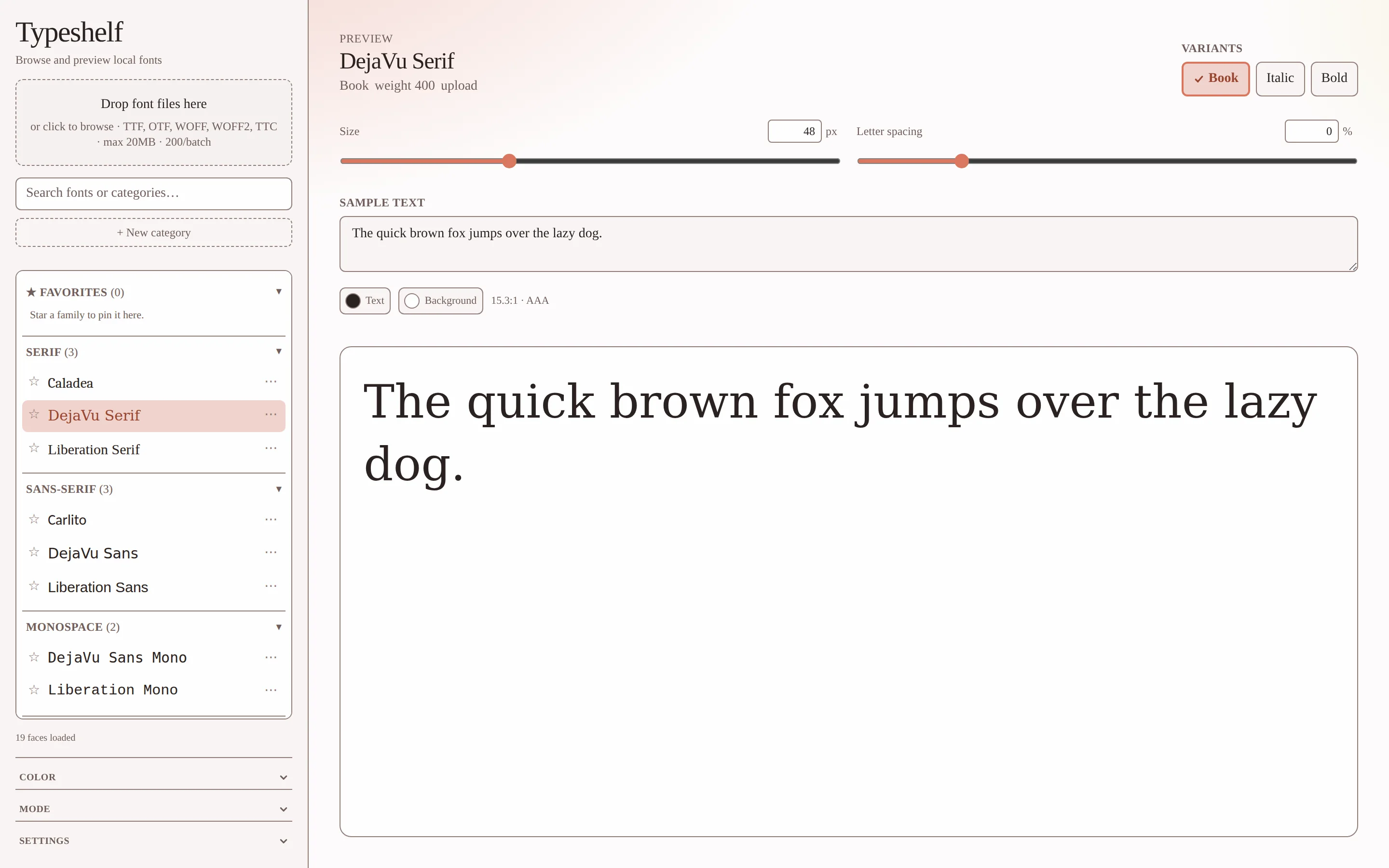 Typeshelf with a font folder loaded and sorted into Serif, Sans-serif and Monospace, previewing DejaVu Serif at 48px